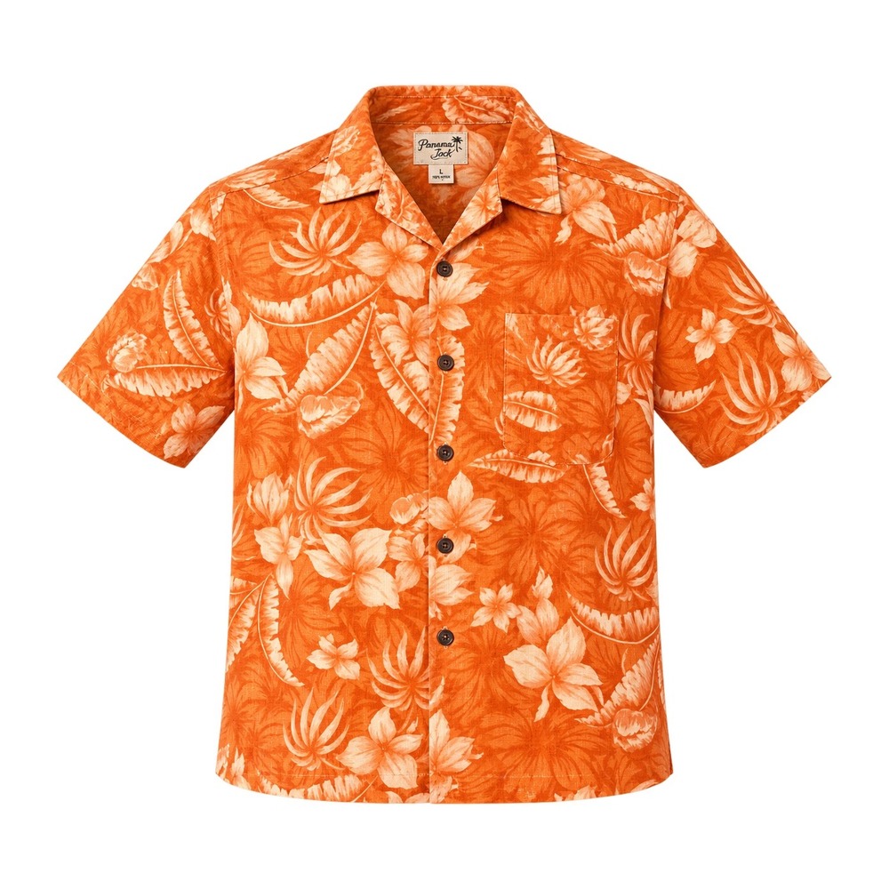 Panama Jack Camp Shirt Mens L Orange‎ Tropical Floral Rayon Button Down Vintage